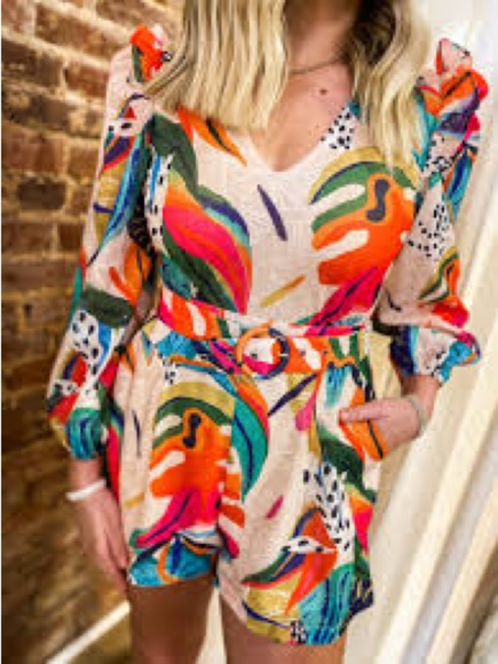 TCEC Multicolor Tropical Print Romper - Pink, Orange, Green, Blue - Picture 3 of 6